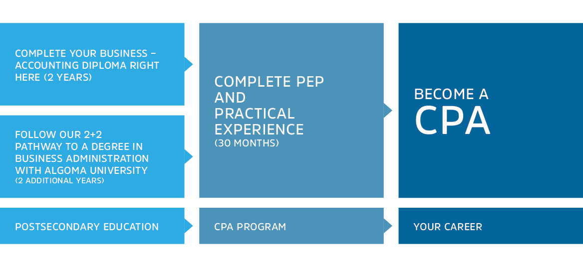 CPA Graphic showing requirements and path to CPA with Sault College's Business - Accounting diploma program