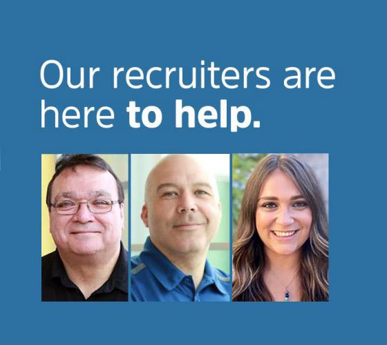 Our recruiters are here to help text over blue background with photos of four recruiters below.