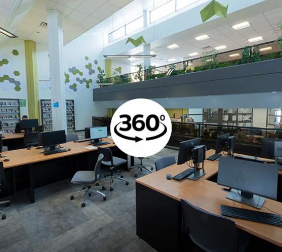 360 degree virtual tour icon overtop of library