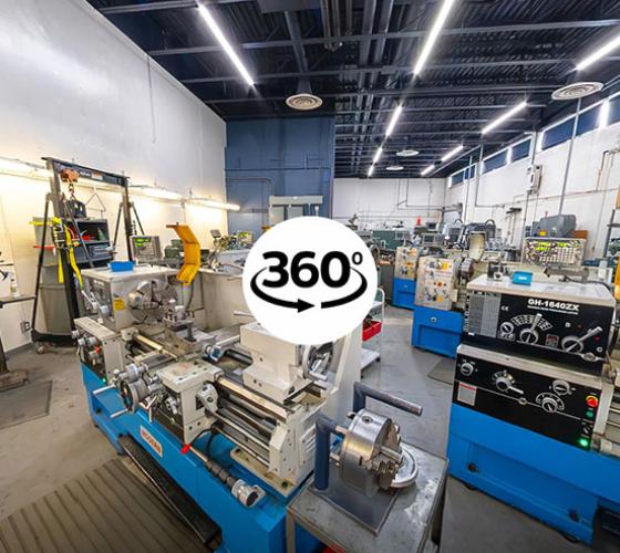 360 degree virtual tour icon overtop of machine shop