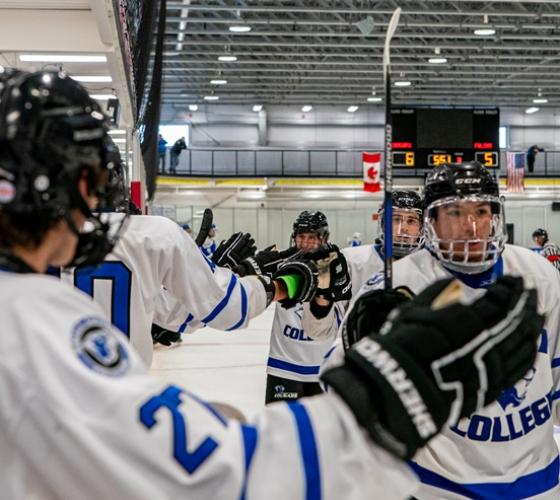 Men's Hockey team on the ice doing high fives with players on the bench