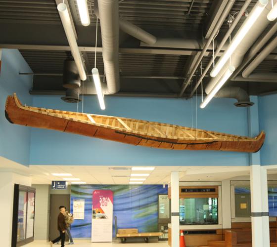 J-Wing entrance with canoe for Indigenous Studies