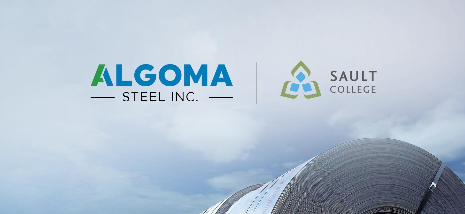 Algoma Steel and Sault College logos on top of background with sky and steel roll